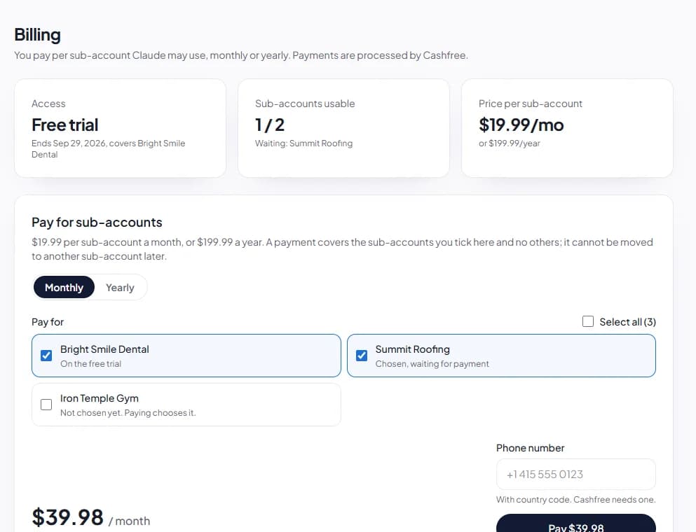 The Billing page with sub-accounts to tick, monthly or yearly, and the total