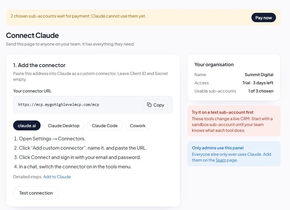 The Connect Claude page with the connector URL and steps for each Claude app