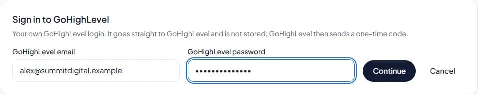The Sign in to GoHighLevel form with email and password