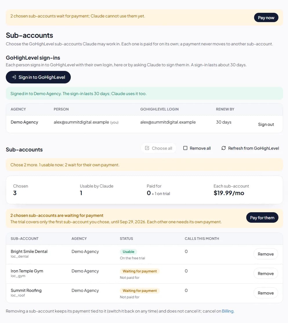 The Sub-accounts page listing sign-ins and three sub-accounts with their status