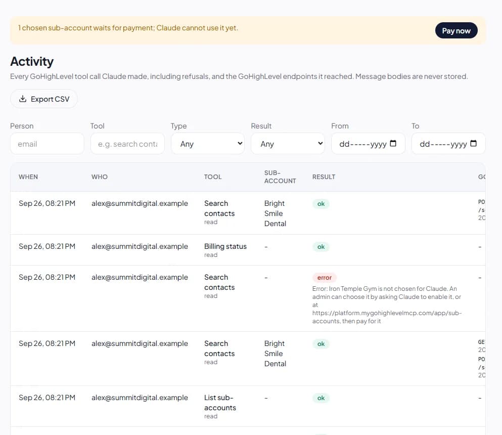 The Activity log showing searches, a billing check and a refused request
