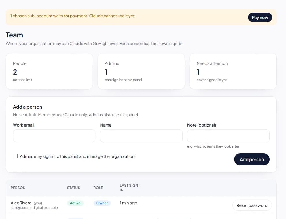 The Team page for adding people and seeing their role and last sign-in