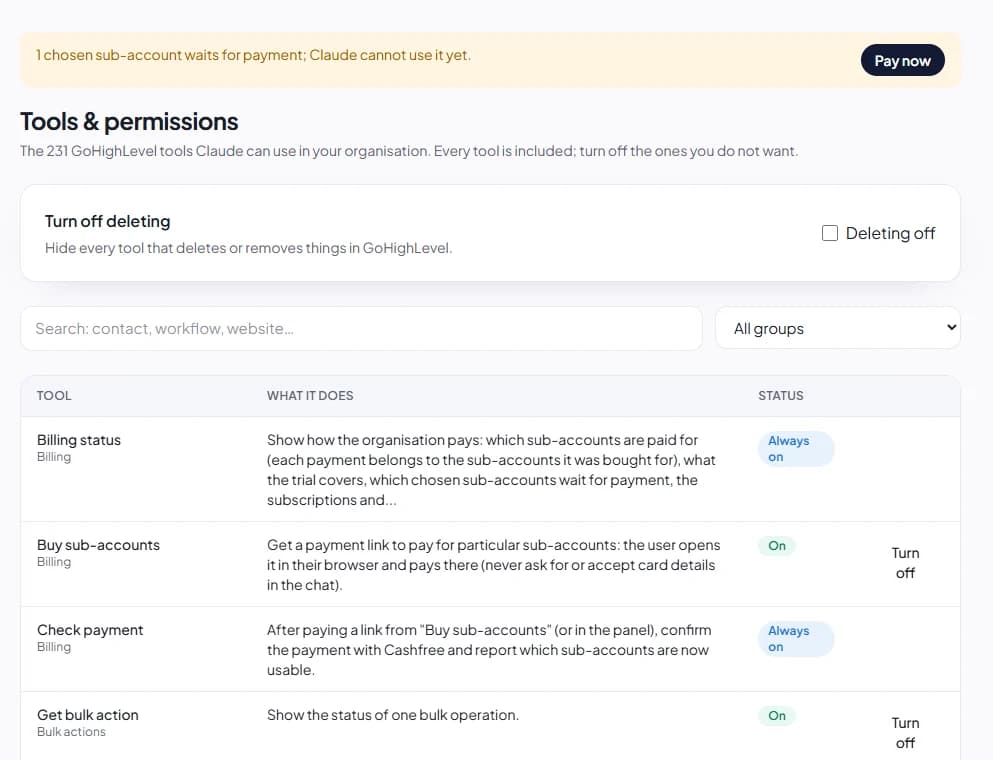 The Tools & permissions page with the Turn off deleting switch and a list of tools